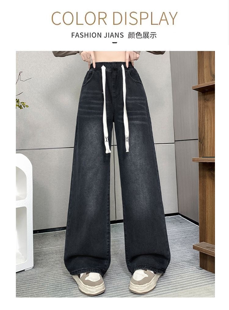 Spring and Summer High-Waisted Wide-Leg Floor-Length Pants for Women, Slim and Versatile Korean Style Student Elastic Waist Drawstring Jeans Large Size