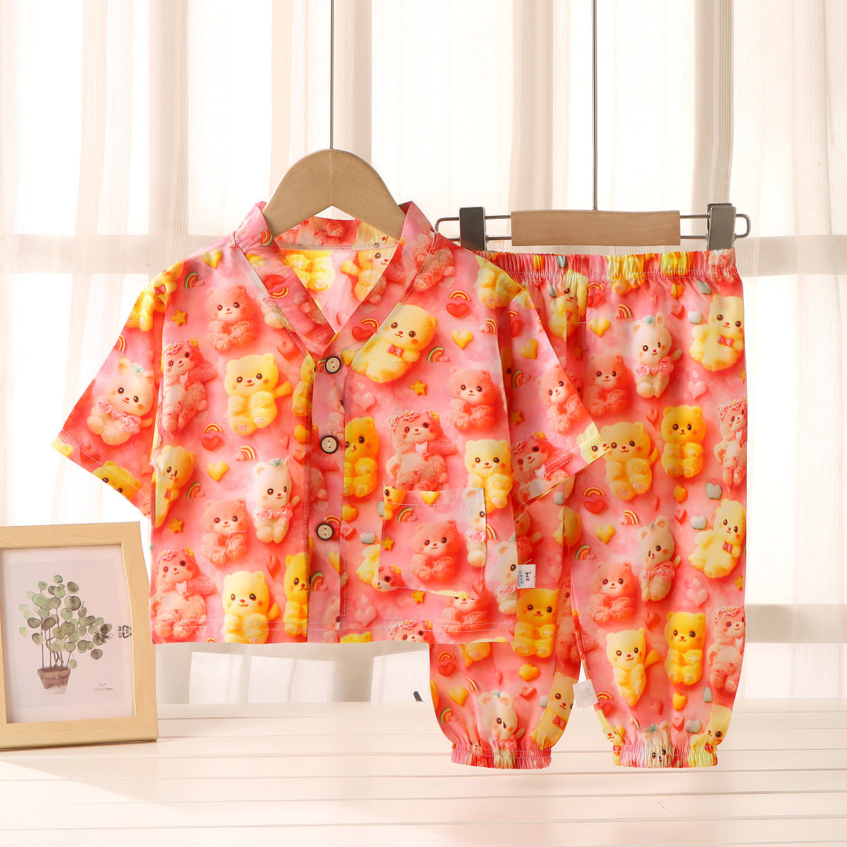 Children's Home Clothes Cotton Silk Suit Summer Boys and Girls Pajamas Artificial Cotton Two-Piece Set Cotton Silk Air-Conditioned Clothes Kidsren's Clothing