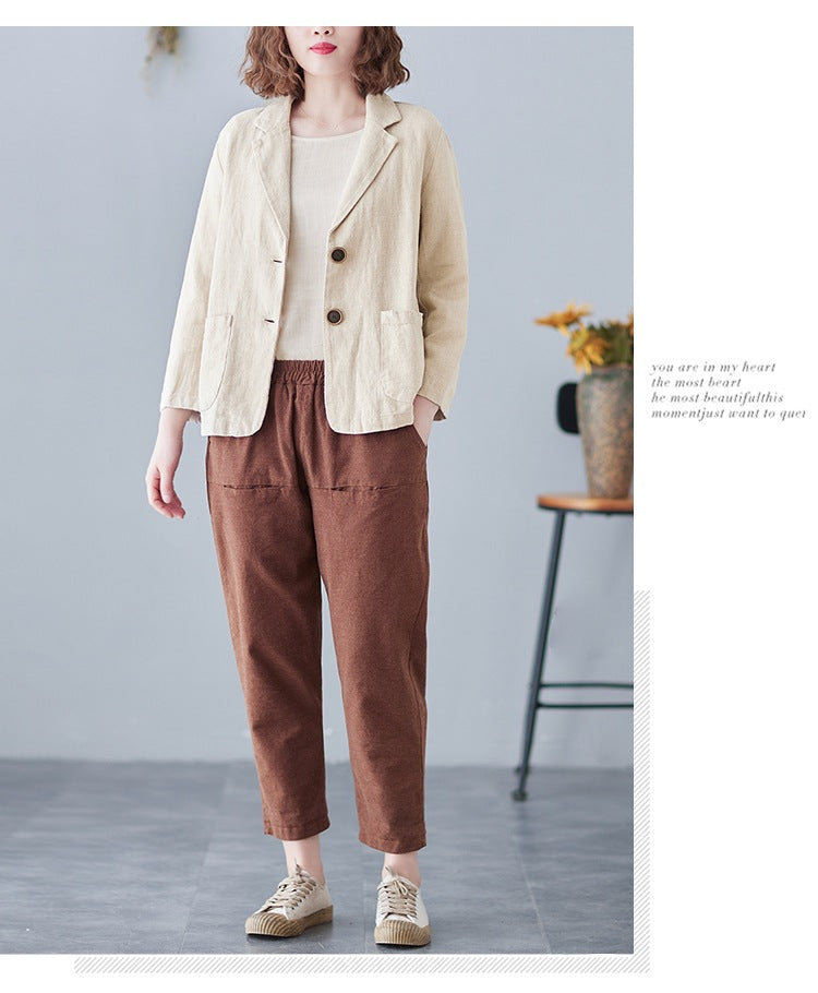 2025 Real Shot of New Cotton and Linen Retro Literary Loose Versatile Casual Long-Sleeved Button-Down Small Suit Short Jacket for Women