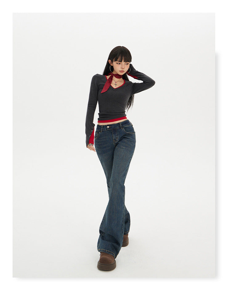 American Hot Girl Low-Waist Bootcut Jeans for Women 2025 Autum New Slim Fit Elastic Slimming Look Horseshoe Flared Pants