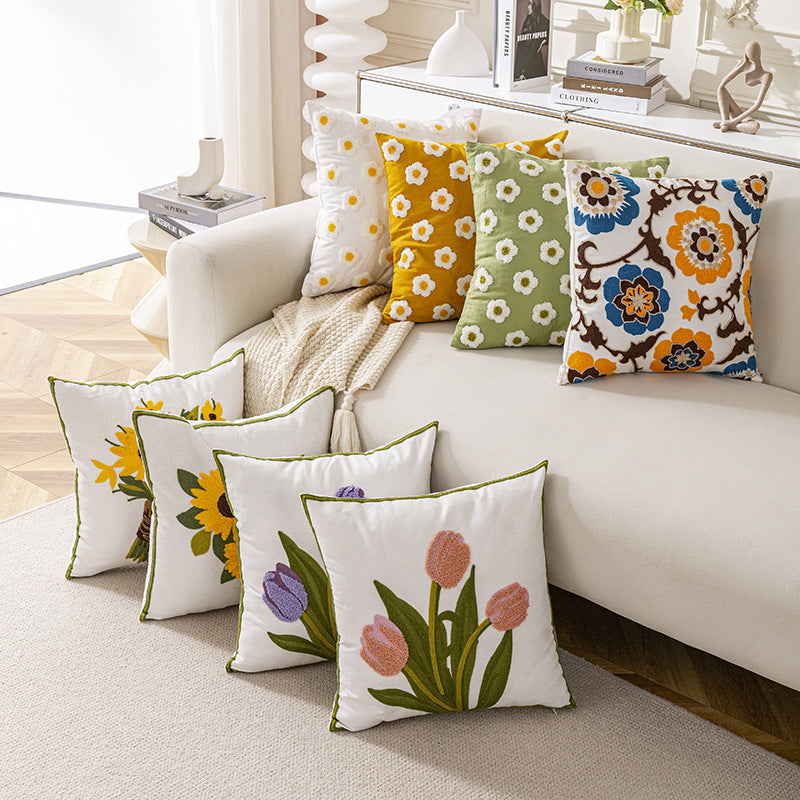 Nordic Towel Embroidered Embroidered Embroidered Pillow Living Room Cream Sofa Cushion Flower Model Room Bay Window Cushion Cover