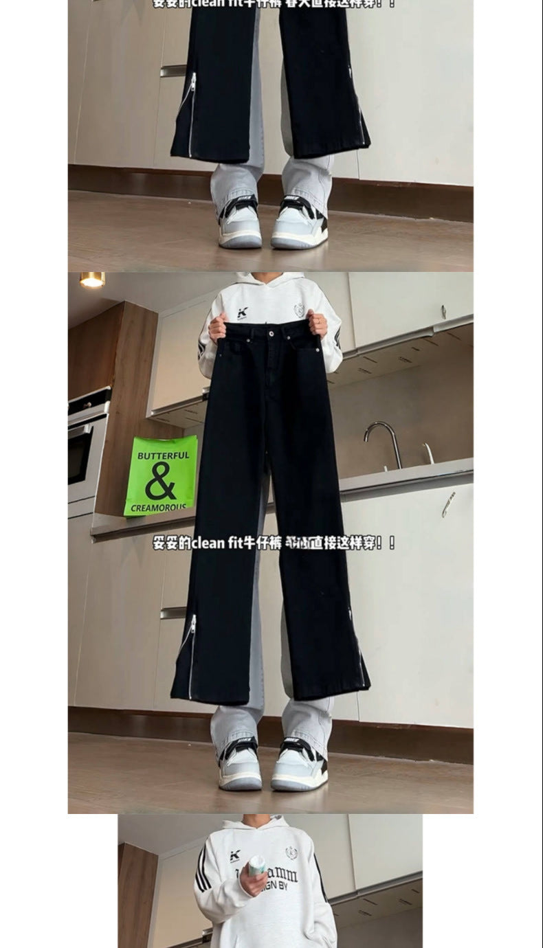 Cleanfit Side Zipper Bootcut Jeans for Men and Women American High Street Fleece-Lined Autumn and Winter Straight Slim Scimitar Pants