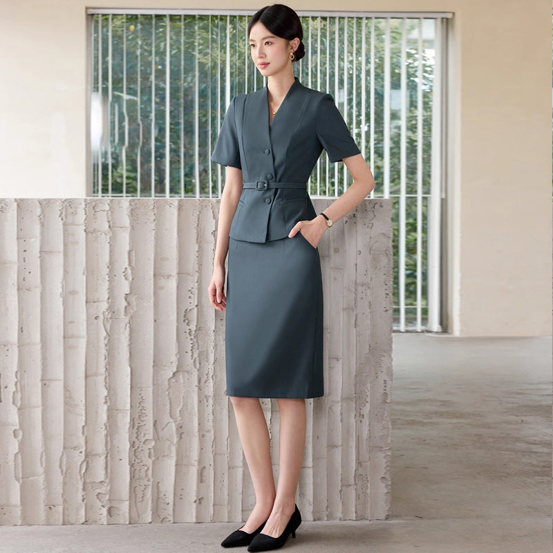 Summer New Design V-Neck Professional Women's Skirt Suit in Gray-Green, Slim-Fit and Flattering, Suitable for Reception and Work Attire