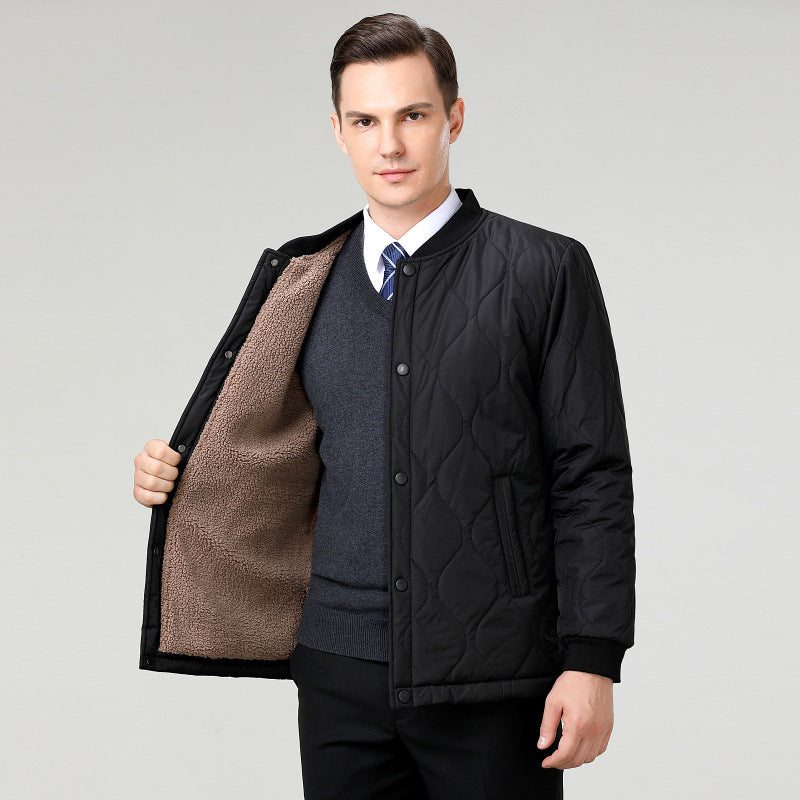 2024 Winter New Style Fleece-Lined Warm Cotton Jacket for Middle-Aged Men, Stand-Up Collar Short Style Cold-Proof Cotton Coat, Padded Large Size Dad's Jacket