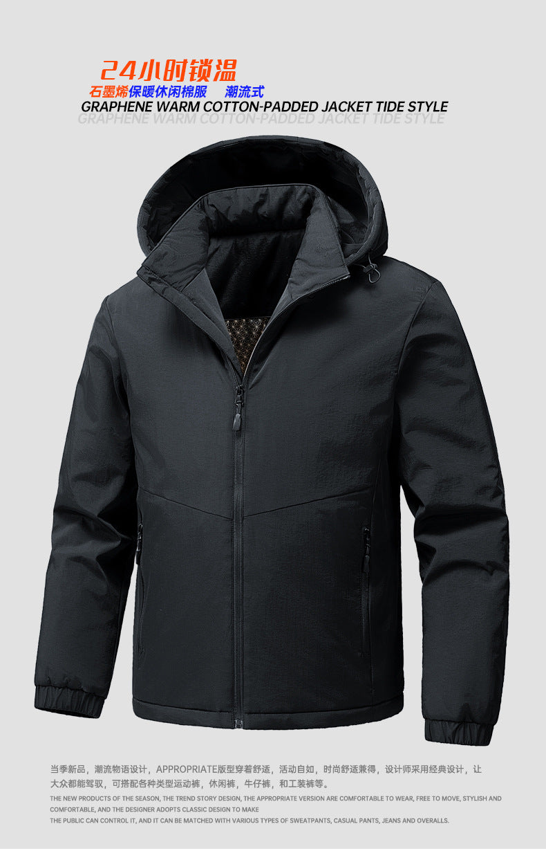 Cross-Border Graphene Cotton Jacket for Men in Autumn and Winter with Detachable Hood, Casual Velvet Thickened Warm Cotton Jacket, Jacket