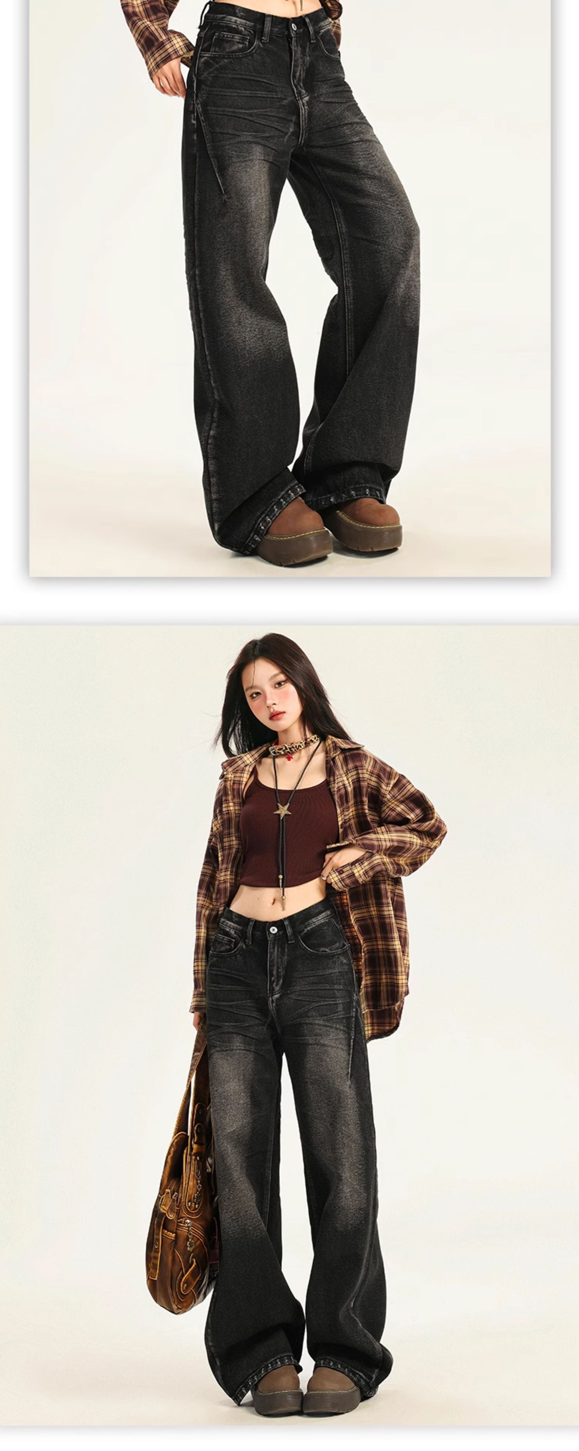 American Large Size Retro Black and Gray Jeans for Women Spring and Autumn New High-Waist Slim Straight Loose Wide-Leg Floor-Length Trousers