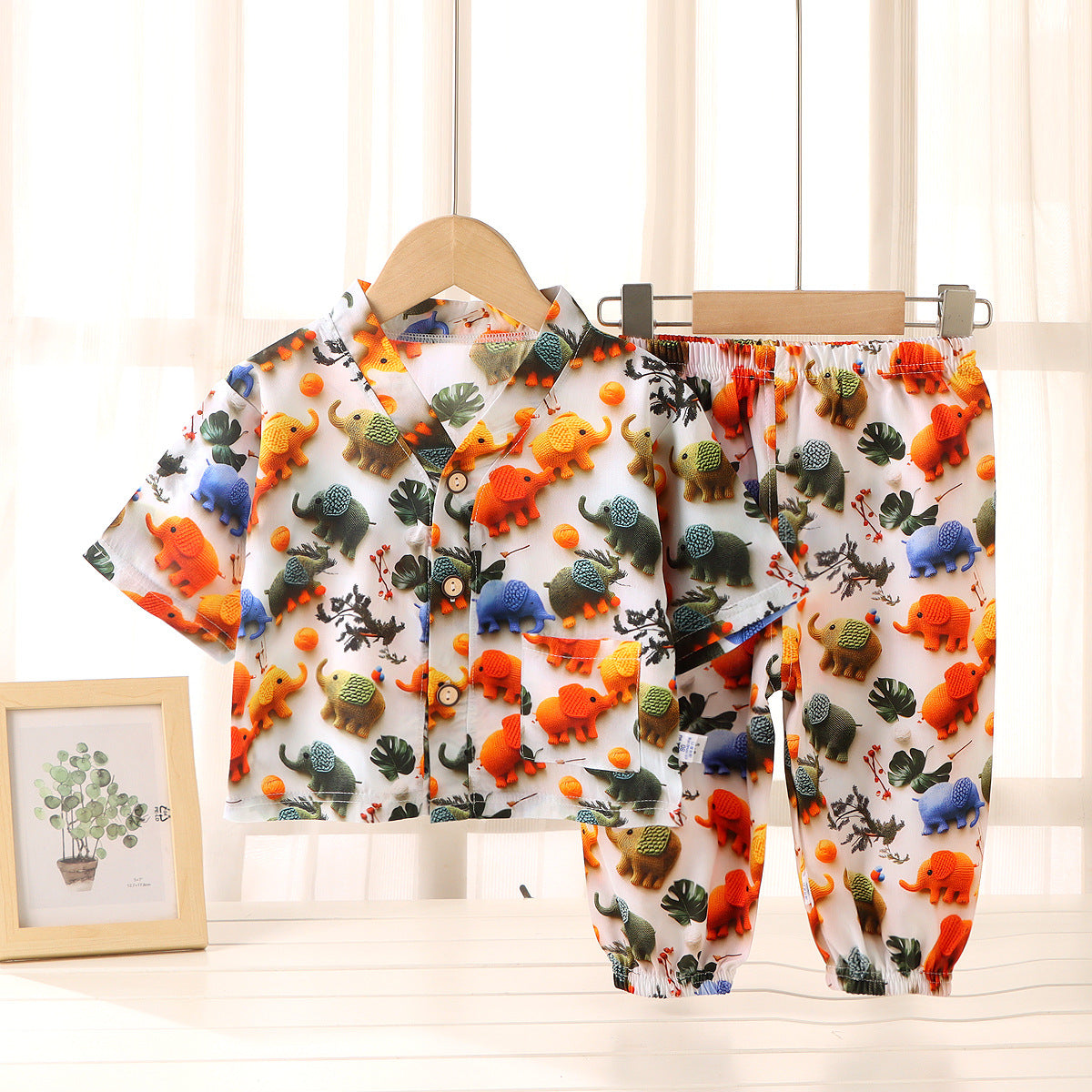 Children's Home Clothes Cotton Silk Suit Summer Boys and Girls Pajamas Artificial Cotton Two-Piece Set Cotton Silk Air-Conditioned Clothes Kidsren's Clothing