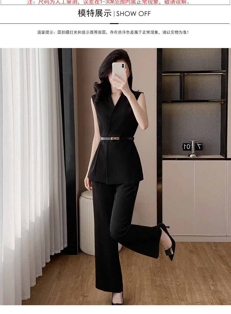 Fashion Casual suit 2025 New High-end Temperament Slimming Waist Sleeveless Jacket Straight Pants Two-piece Set