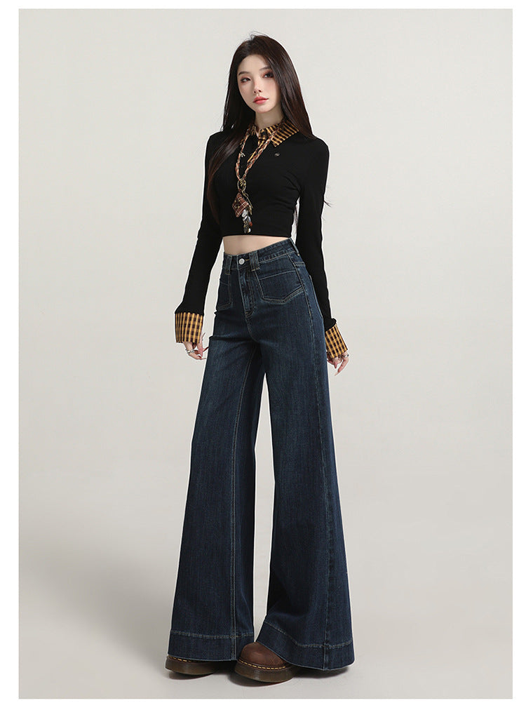 Retro American Style Denim Blue Flared Jeans for Women 2025 Autumn New Slimming Versatile Bootcut Pants
