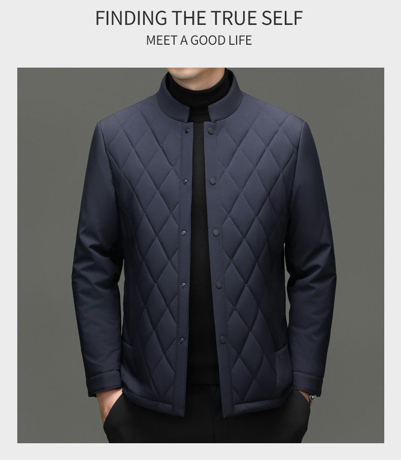 Men's Stand Collar Diamond Pattern Cotton Jacket Autumn and Winter Business Casual Warm Jacket Young and Middle-Aged Fashion Single-Breasted Top