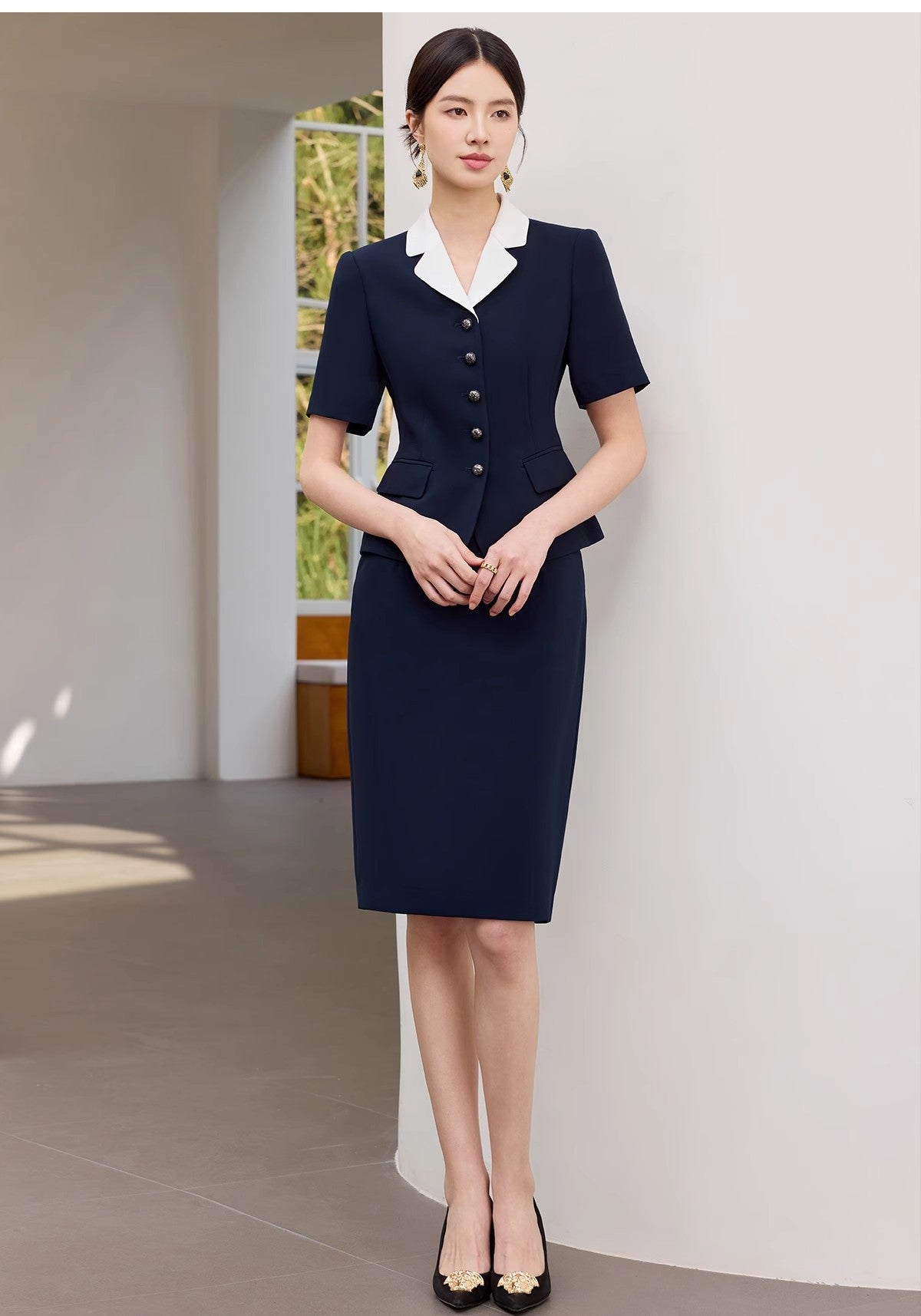 Summer New Navy Blue Short-Sleeved Professional Suit Suit Color-Blocked Suit Collar Single-Breasted Slim Slim Work Clothes