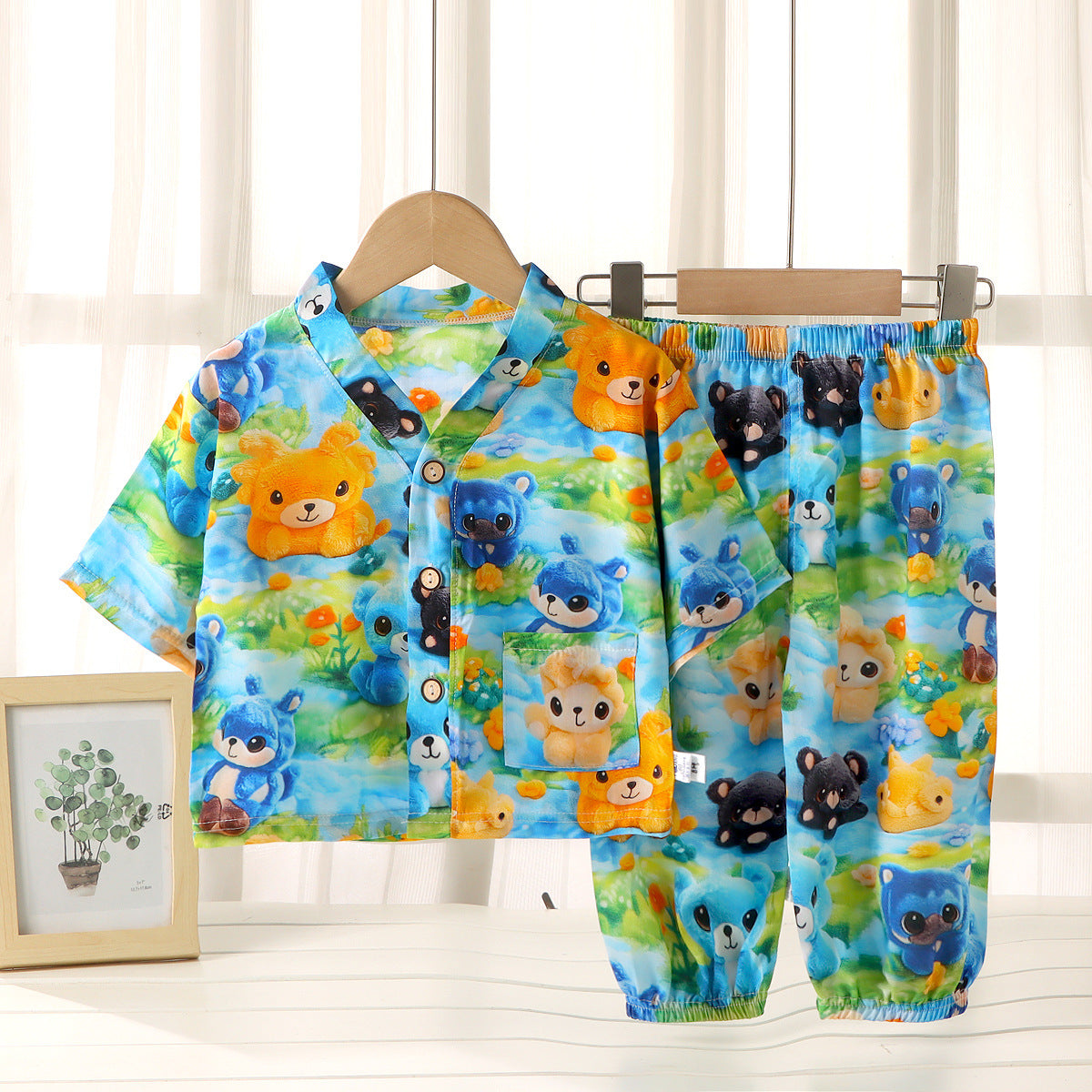 Children's Home Clothes Cotton Silk Suit Summer Boys and Girls Pajamas Artificial Cotton Two-Piece Set Cotton Silk Air-Conditioned Clothes Kidsren's Clothing