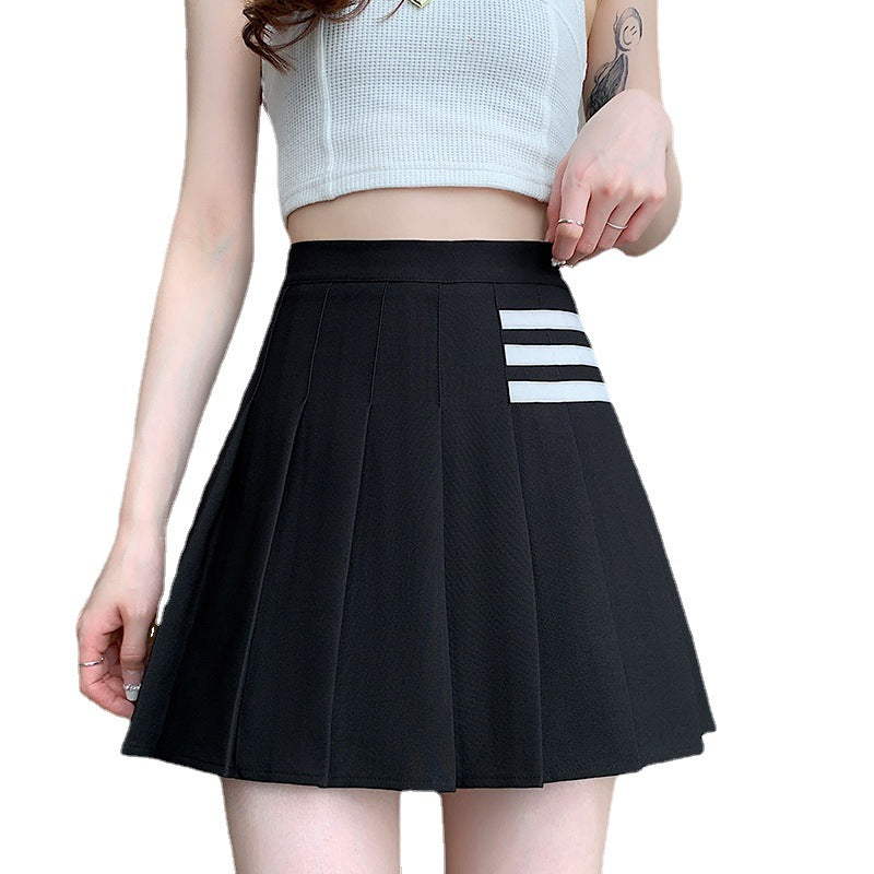 Black Pleated Skirt Summer Women's A- line High Waist New Pleated Skirt Striped Small College Style jk Skirt
