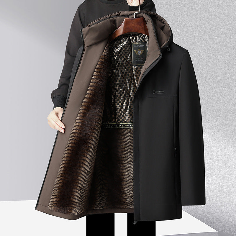 Middle-aged and elderly cotton-padded jacket 2024 winter middle-aged men's fleece-lined hooded jacket business leisure warm cotton-padded jacket
