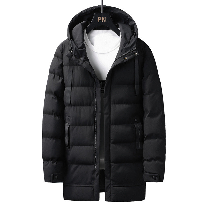 Mid-Length Hooded Cotton Coat for Young Men, Casual Warm Cotton Jacket, Thickened Puffer Jacket for Trendy Men, Winter Cotton Coat, Cross-Border