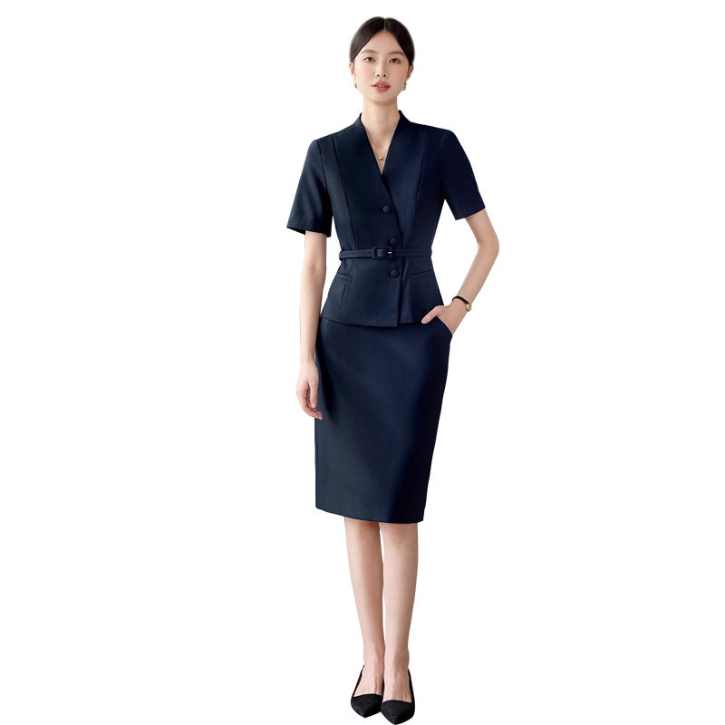 Summer New Design V-Neck Professional Women's Skirt Suit in Gray-Green, Slim-Fit and Flattering, Suitable for Reception and Work Attire