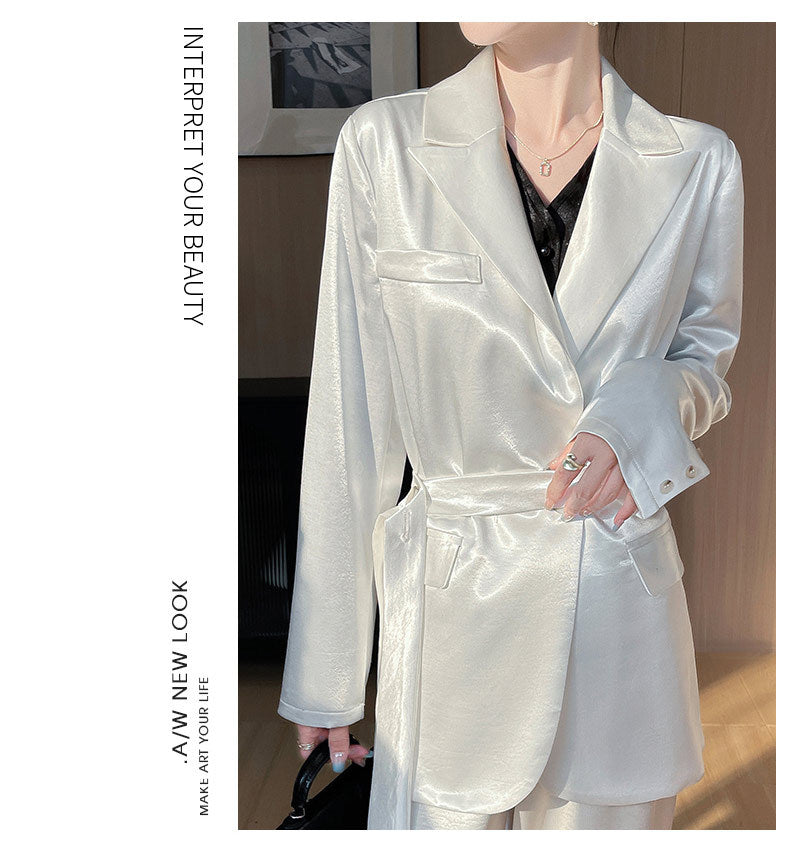 Light Luxury French Style Slimming Women's Coat Belt Satin Suit Women's Loose Elegant Glossy Casual Suit