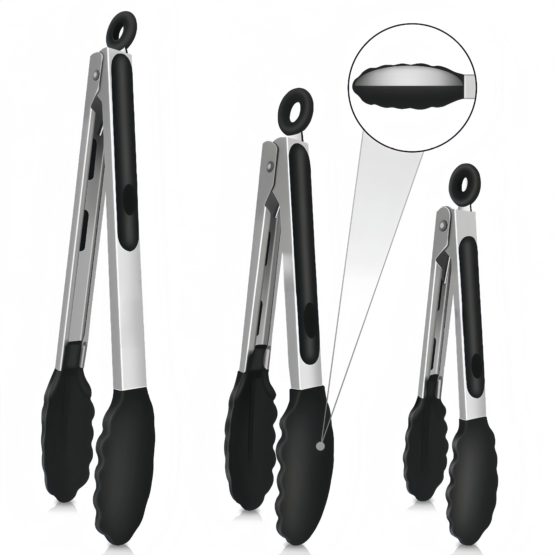 Cross-Border Black Silicone Clips, High Temperature Resistant Kitchen Food Frying Stainless Steel Fried Steak Clips, Special Food Clips for Cooking