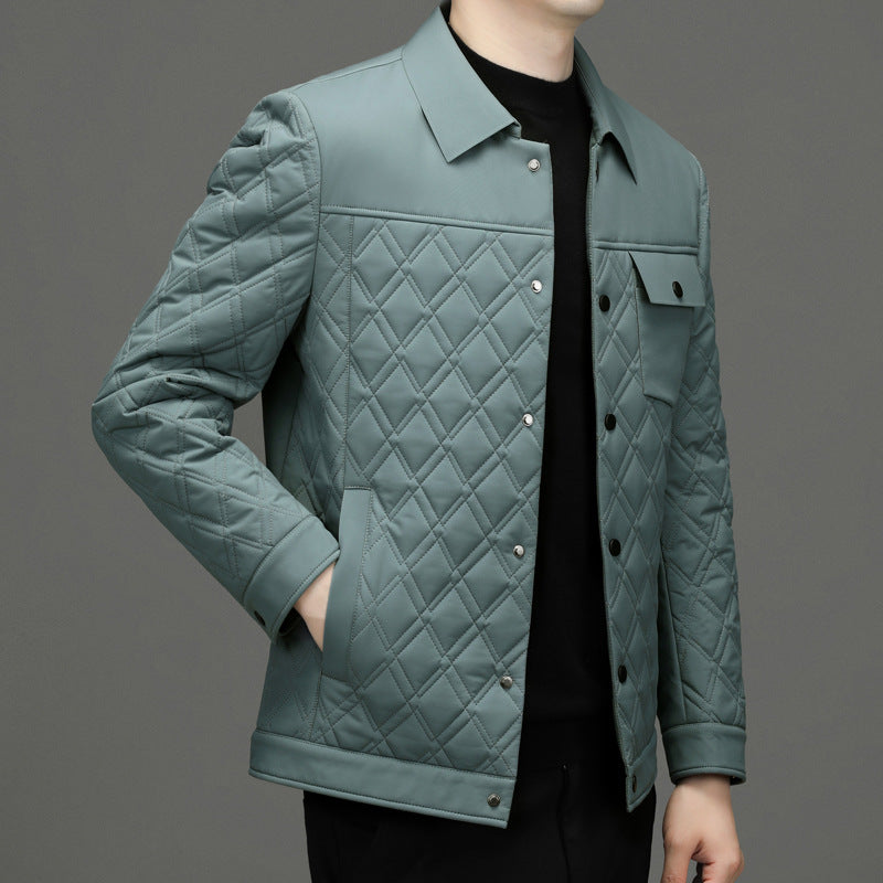 High-end men's mulberry silk cotton-padded coat business casual plaid middle-aged lightweight cotton-padded jacket autumn and winter men's lapel cotton-padded coat