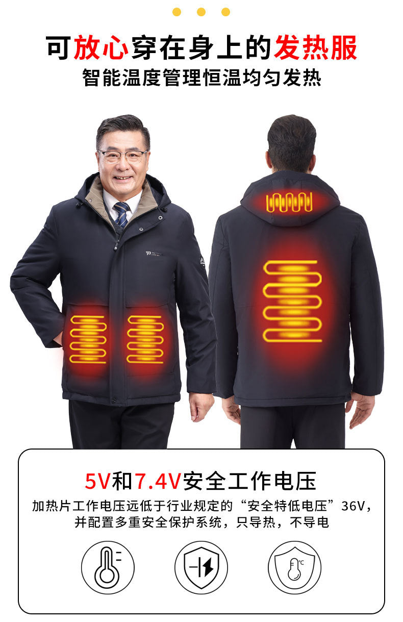 Factory Direct Supply Rechargeable Heated Cotton Jacket for Men, Fleece-Lined Thickened Hooded Coat, Middle-Aged and Elderly Warm Parka