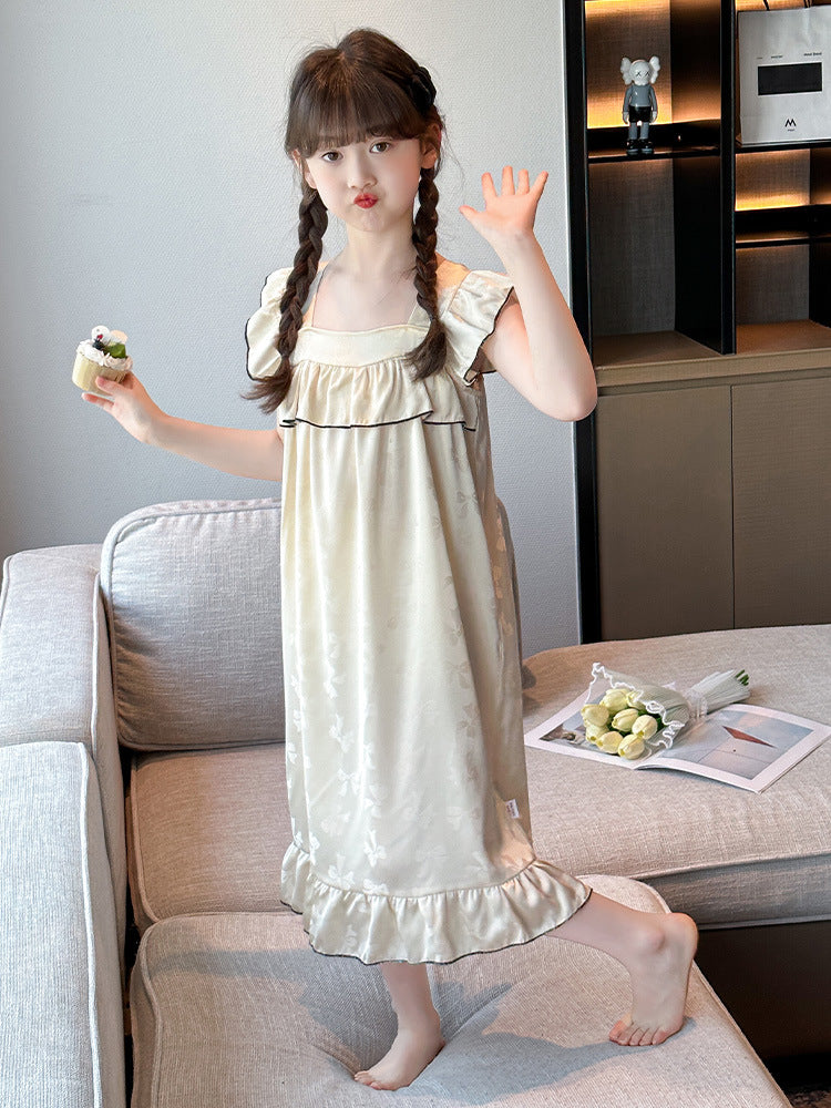 Girls' Summer Ice Silk Jacquard Butterfly Nightgown 2025 New Western Style Children's Thin Pajamas Large Children's Home Clothes