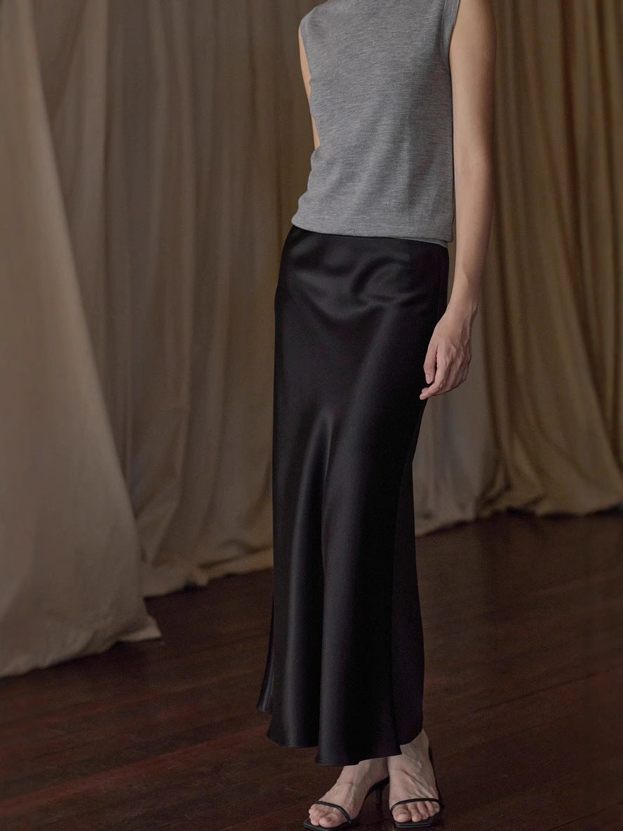 Japanese Imported Triacetate Satin Water Ripple Satin 45-Degree Bias-Cut Solid Color Long Fishtail A-Line Skirt for Women
