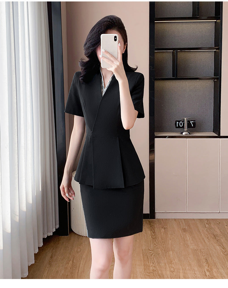 Blue Suit Jacket Women's Spring and Summer Short-sleeved Jewelry Store Front Desk Business Dress Dress Waist Tight Beauty Salon Suit suit