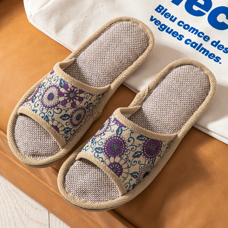 Open Toe Opening Four Seasons Linen Wheel Retro Flower Flower Four Seasons Linen Slippers