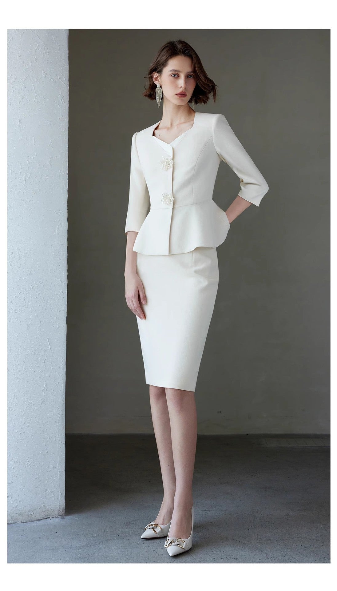 Ad Spring/Summer 2026 New Women's Suit Set, Elegant White Three-Quarter Sleeve Business Attire, Chanel-Style Two-Piece Set