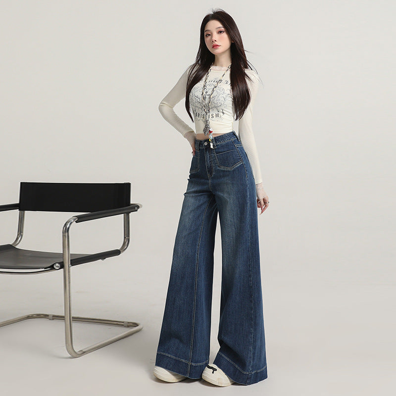 Retro American Style Denim Blue Flared Jeans for Women 2025 Autumn New Slimming Versatile Bootcut Pants