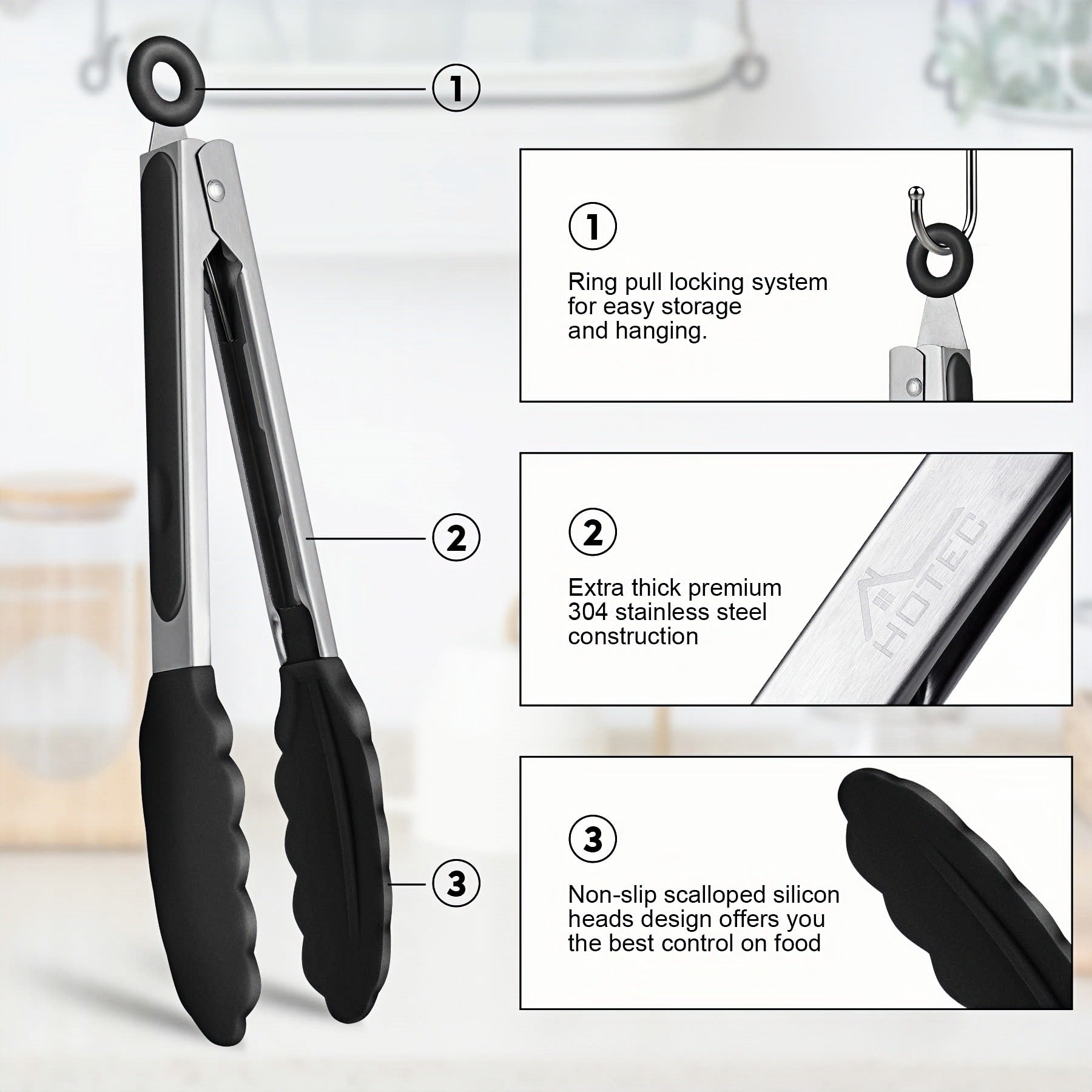 Cross-Border Black Silicone Clips, High Temperature Resistant Kitchen Food Frying Stainless Steel Fried Steak Clips, Special Food Clips for Cooking