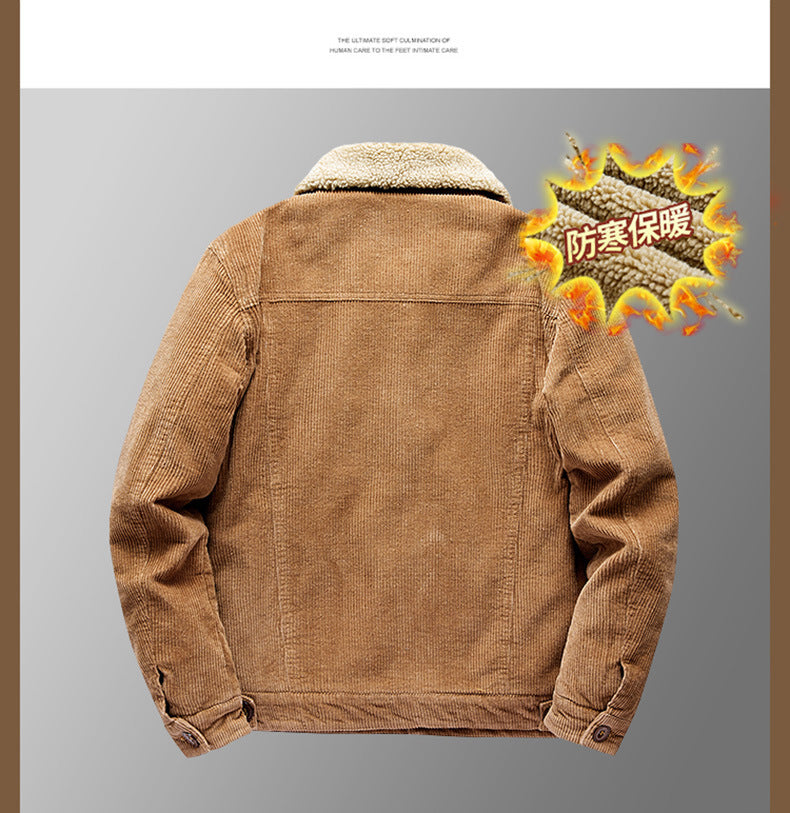 Lamb Velvet Jacket Men's Autumn and Winter Thickeneded Cotton Outwear Corduroy Workwear Cotton Jacket Fleece-Lined Retro Corduroy Jacket