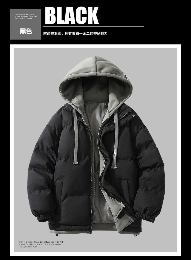 Hooded cotton-padded jacket winter thick warm couple's bread suit loose trend fake two-piece cotton-padded jacket men's hooded coat