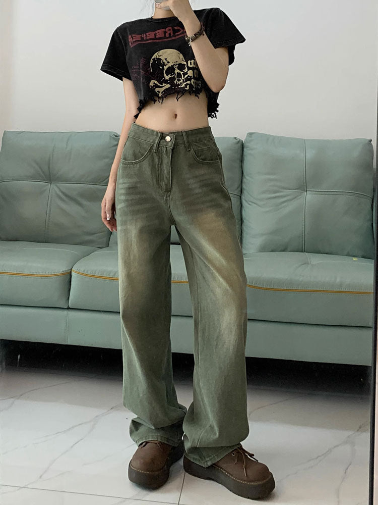 2025 Spring and Autumn Retro American High Waist Slim Straight-Leg Jeans Fashion Women's Loose Floor-Length Wide Leg Long Pants