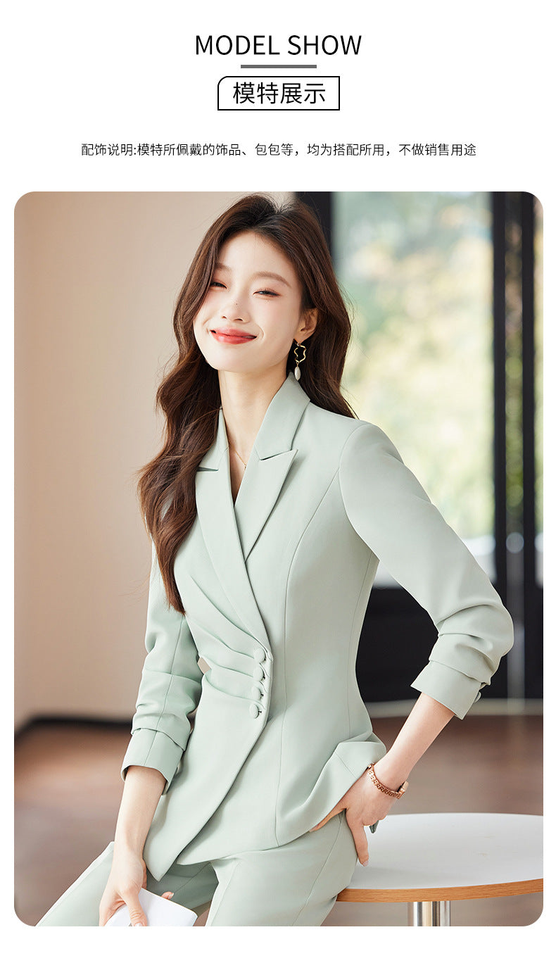 2025 Spring European and American Foreign Trade Green Slim Fit Small Suit Set Front Desk White Collar Workwear Wide-Leg Pants Suit Set