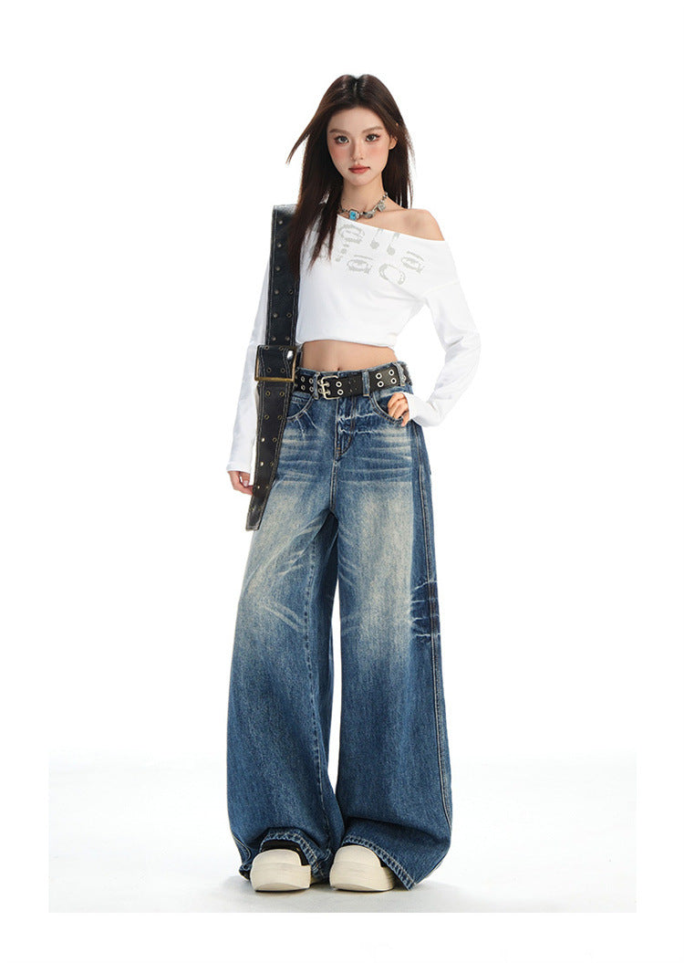 Raccoon House # High-Waisted Loose Whiskered Floral Heavy Craft Jeans for Women 2025 Autumn New Drape Slimming Floor-Length Pants