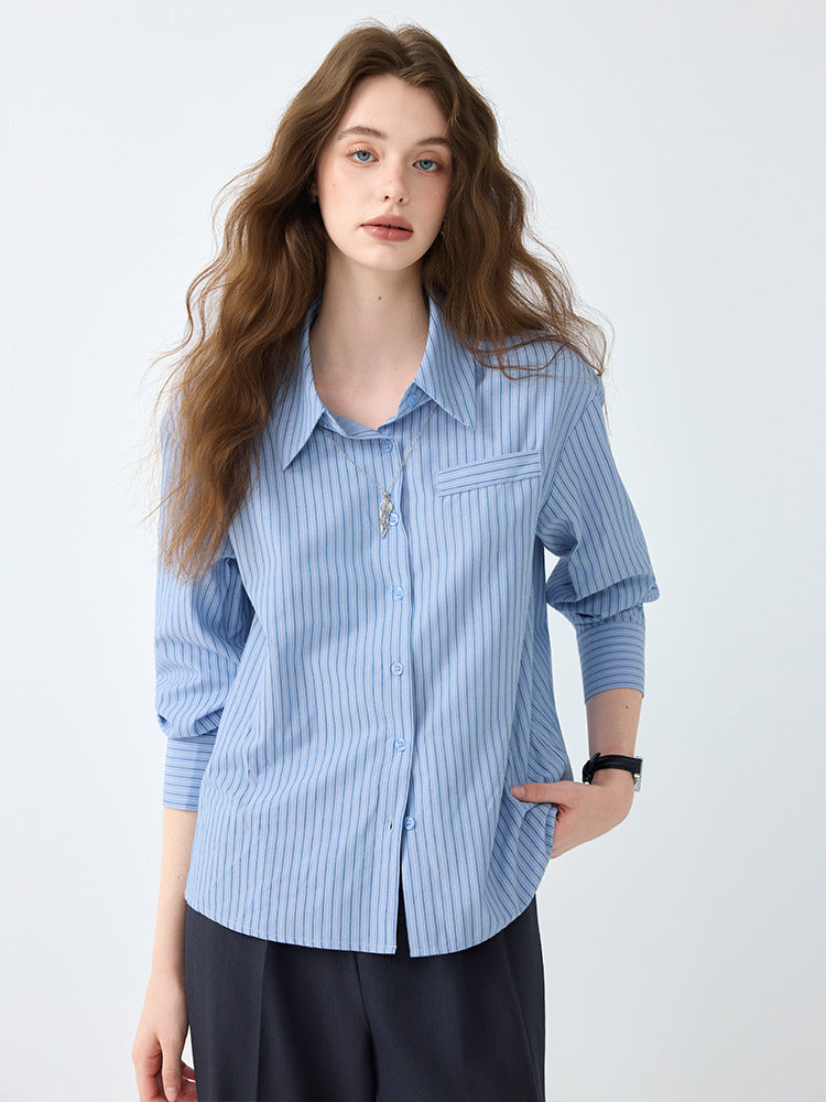 Light Workplace Blue Striped Long-Sleeved Shirt for Women, Spring and Autumn Design Professional Shirt, Commuting Versatile Top