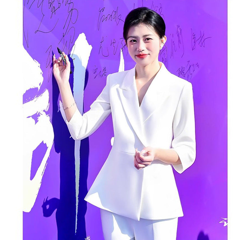 Spring and Summer Fashionable High-End White Three-Quarter Sleeve Suit Suit Host Business Formal Wear Female President Suit Workwear