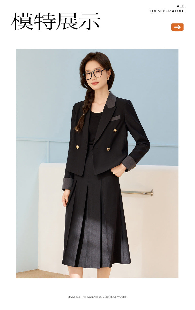 Cross-Border Black Short Blazer for Women, Petite Size, Suitable for College Students, Teacher Qualification Interview, Formal Attire, Elegant Suit with Skirt