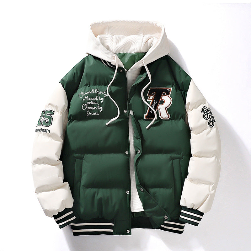 2023 Men's Winter Fashion Coat Trendy Fake Two-piece Hooded Letter Printed Bread Suit Couple's Cotton-padded Coat