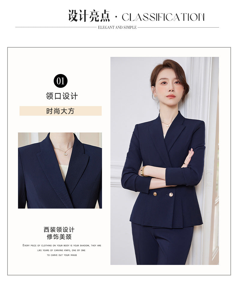 Cross-Border High-End Professional Women's Navy Blue Suit, New Spring and Autumn Style, Elegant Suit Set, Formal Attire for Hotel Sales Managers