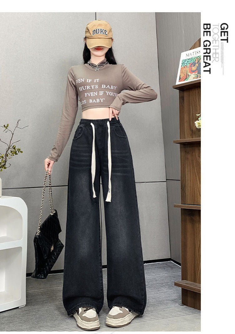Spring and Summer High-Waisted Wide-Leg Floor-Length Pants for Women, Slim and Versatile Korean Style Student Elastic Waist Drawstring Jeans Large Size