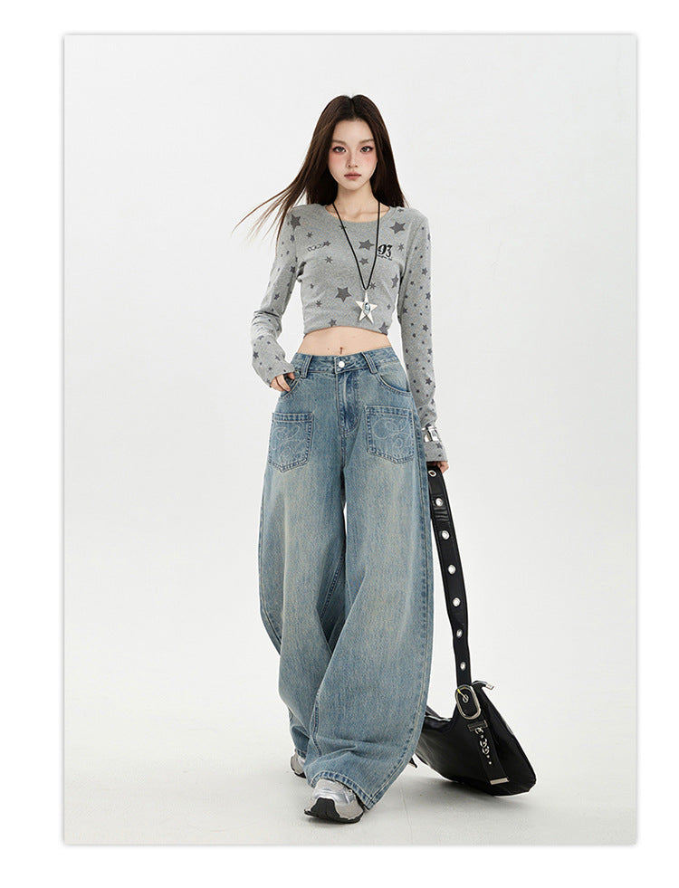 Raccoon House # American Retro Design Embroidered Jeans for Women 2025 Autumn New High-Waisted Loose Wide-Leg Pants Trendy