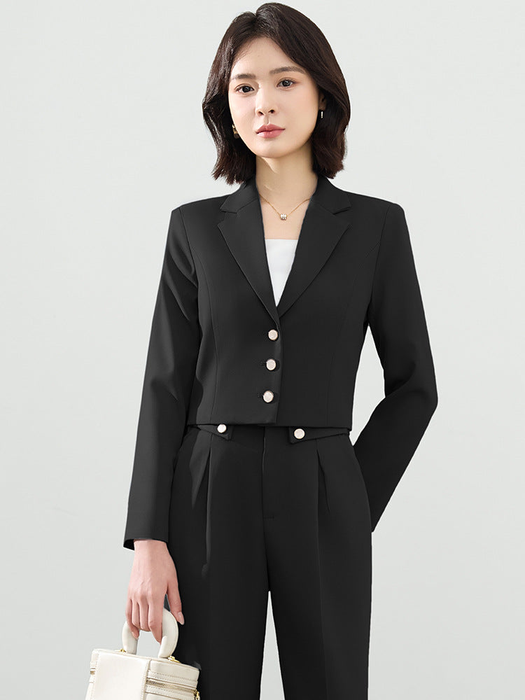 Cross-Border Gray Suit Set for Women, Spring and Autumn Short Style Professional Formal Wear, Hotel Front Desk Long-Sleeve Workwear Blazer