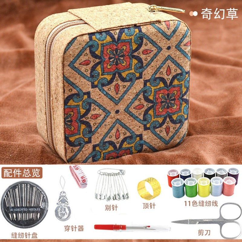 Retro Style Imitation Pu Leather Square Sewing Box Household Sewing and Mending Needle and Thread Set Portable Daily Essential Sewing Kit