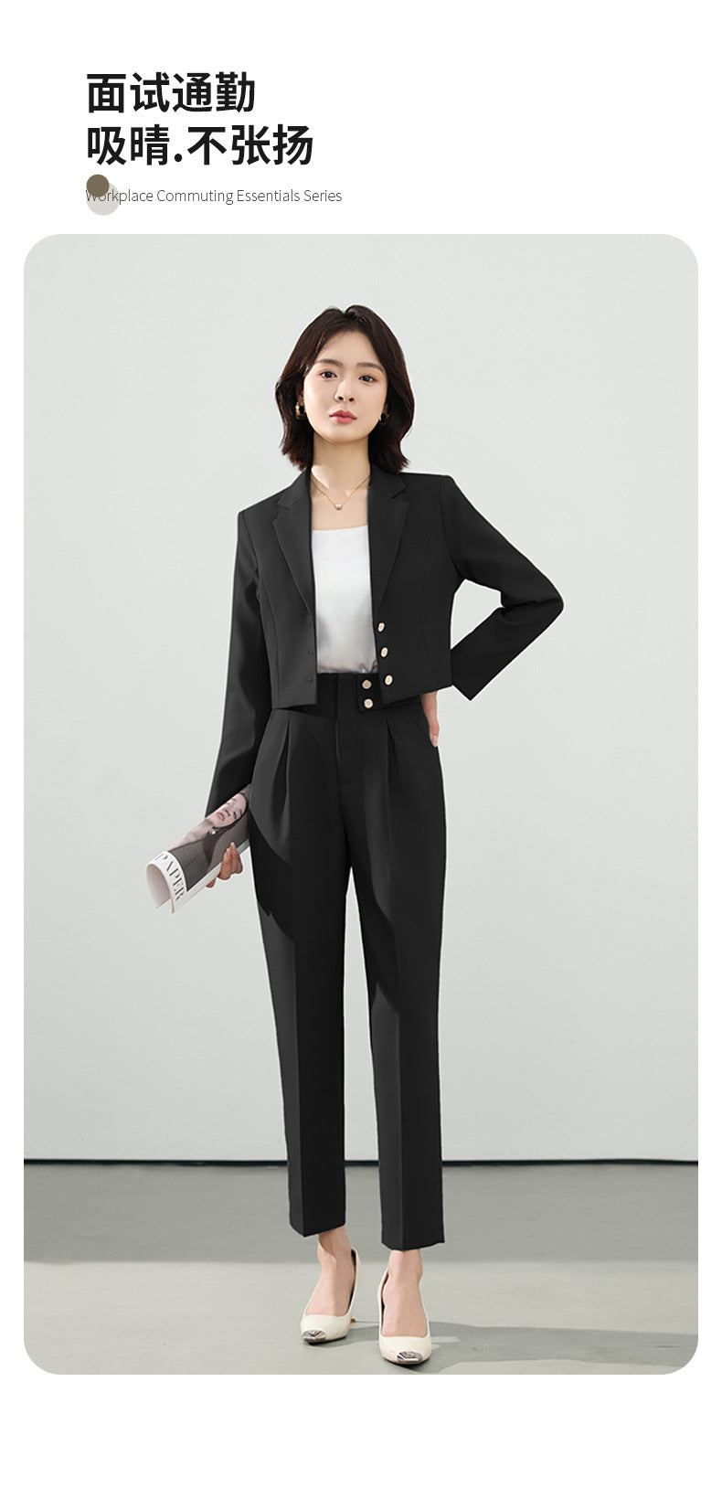 Cross-Border Gray Suit Set for Women, Spring and Autumn Short Style Professional Formal Wear, Hotel Front Desk Long-Sleeve Workwear Blazer
