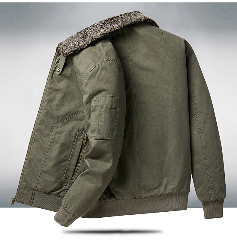 2024 Autumn/Winter New Cross-Border Men's Fleece-Lined Cotton Jacket with Stand Collar, Neck Protection, Cold-Proof, Washable Cotton Coat, Pure Cotton Outerwear
