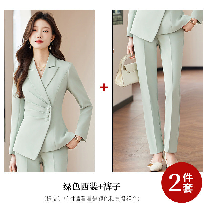 2025 Spring European and American Foreign Trade Green Slim Fit Small Suit Set Front Desk White Collar Workwear Wide-Leg Pants Suit Set