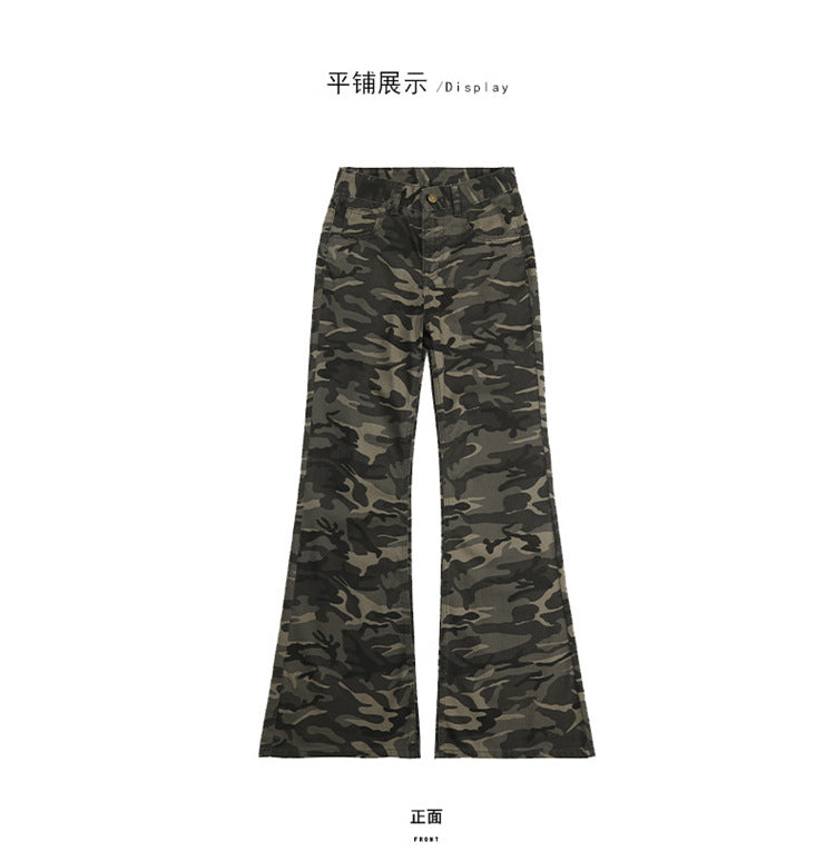 Autumn New Non-Elastic Slightly Spicy Cargo Pants American Retro Camouflage Flap Pocket Design Jeans for Women