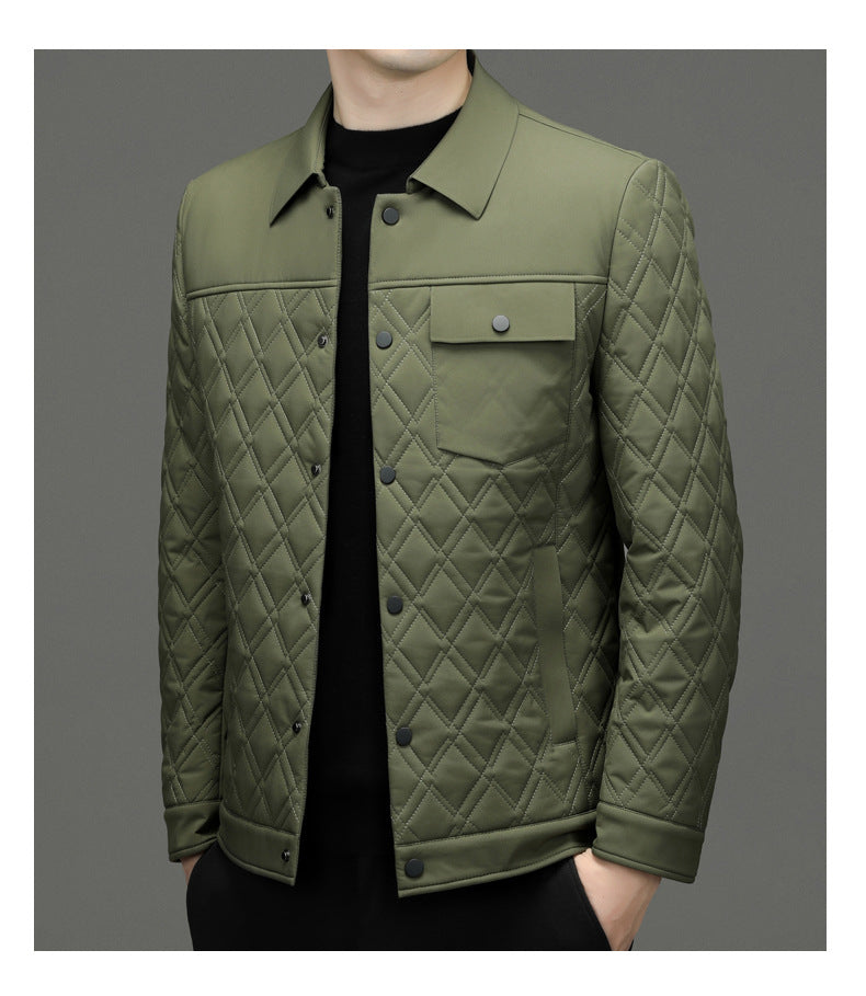 High-end men's mulberry silk cotton-padded coat business casual plaid middle-aged lightweight cotton-padded jacket autumn and winter men's lapel cotton-padded coat